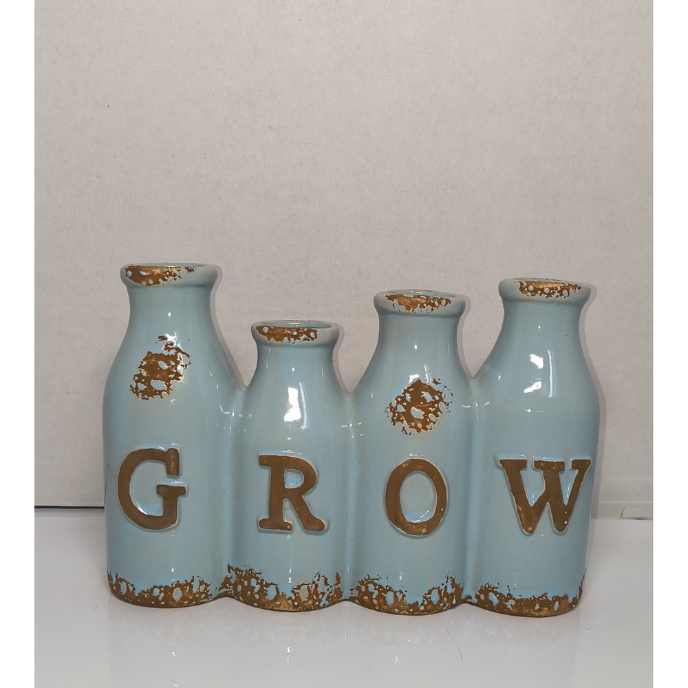 Connected Ceramic Bud Vase Set Aqua Blue & Brown Distressed Finish Shabby Chic
